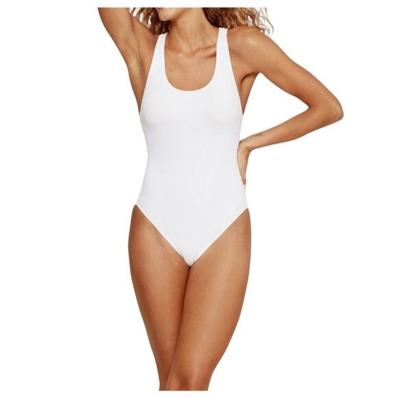 Flaws Andie Swim Women's Tulum White Ribbed Swimsuit Large Tall Long Torso 5175 - Picture 3 of 11